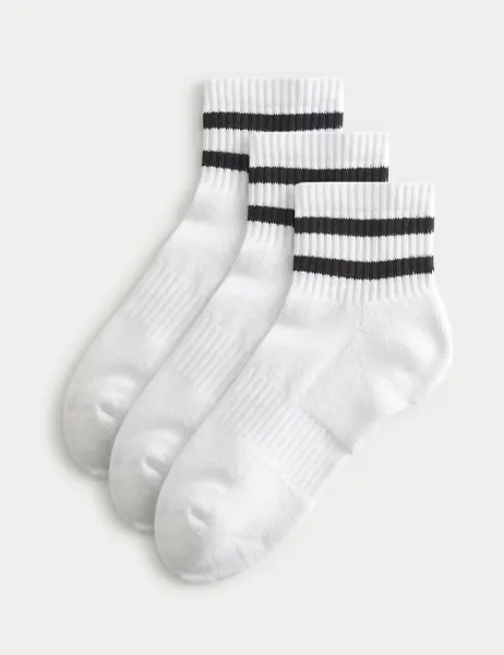 Goodmove 3 Pack Cotton Rich Striped Quarter Socks White Mix