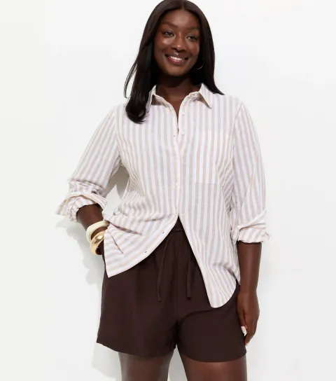 Women's Plus Size Dark Brown Woven Drawstring Waist Shorts Curves