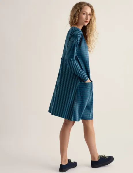 Seasalt Cornwall Cotton Rich Striped Knee Length Swing Dress Blue Mix