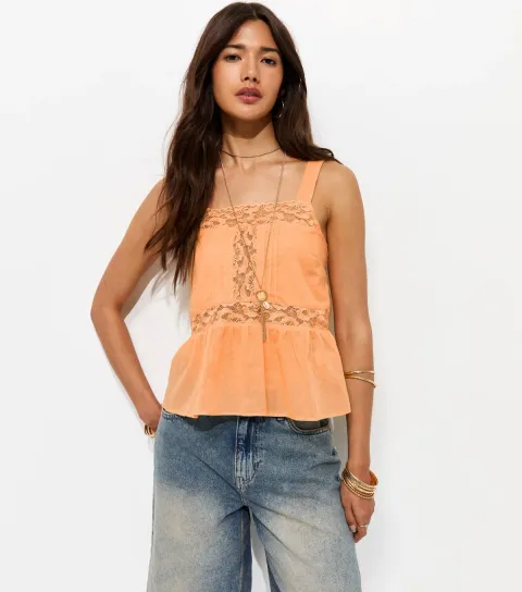 Women's Orange Cotton Semi Sheer Lace Panelled Cami Vest Top
