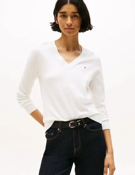 Tommy Hilfiger Cotton Rich V-Neck Jumper White