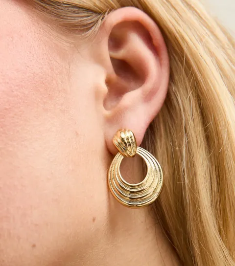 Gold Tone Ribbed Oval Drop Earrings