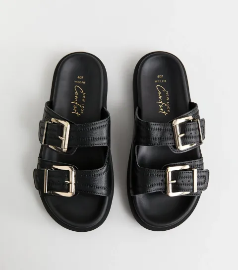 Women's Wide Fit Black Faux Leather Double Strap Flat Mules Vegan