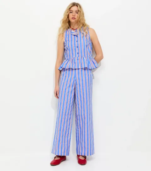 Women's Bright Blue Striped Poplin Wide Leg Trousers