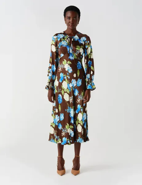 Ghost Satin Floral Frill Detail Midi Waisted Dress Brown Mix