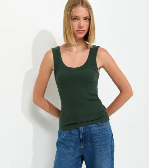 Women's Dark Green Cotton Rich Scoop Neck Vest Top