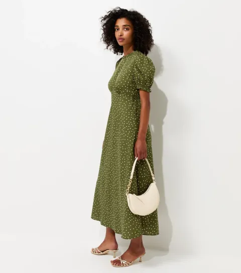 Women's Green Crepe Spot Print Short Sleeve Midi Dress