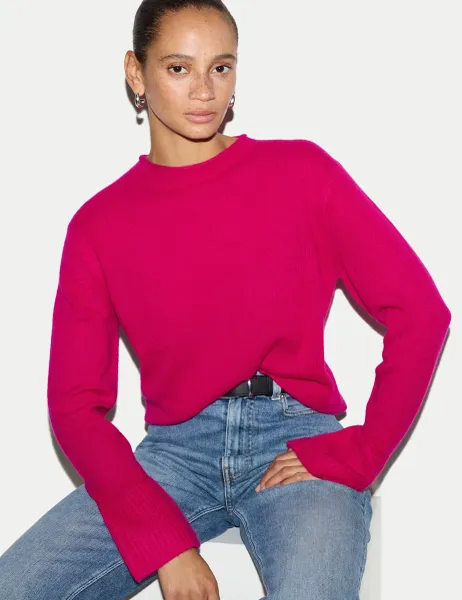 Jigsaw Pure Cashmere Striped Round Neck Jumper Hot Pink