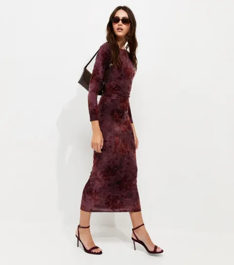 Women's Red Floral Devore Ruched Side Midi Dress