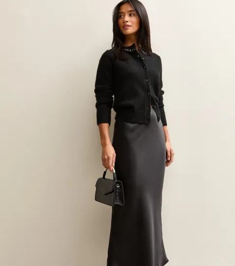 Women's Petite Black Satin Midi Skirt
