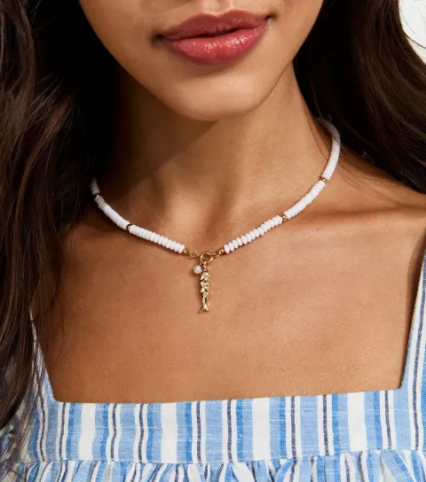 Gold Tone Pearl Beaded Fish Drop Necklace