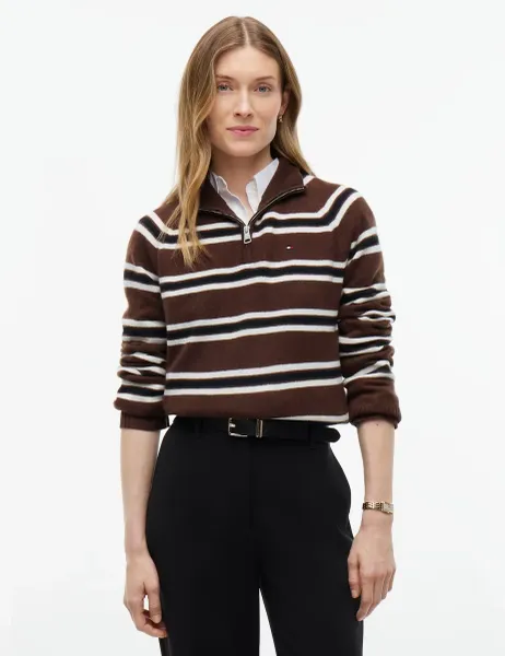 Tommy Hilfiger Pure Wool Striped Half Zip Jumper Brown Mix