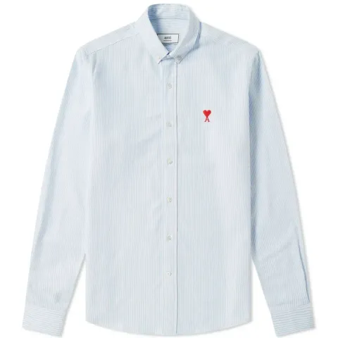 AMI Embroidered Heart Striped Oxford Button Down Shirt