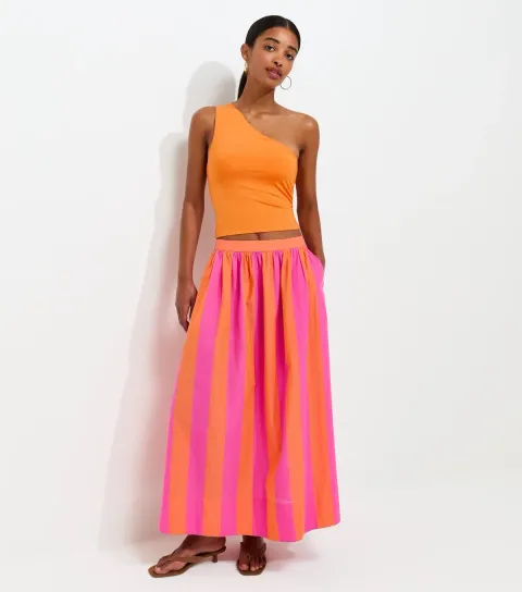 Women's Pink Stripe Pop Circle Cotton Midi Skirt