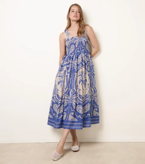 Women's Blue Leaf Print Shirred Sleeveless Midi Dress