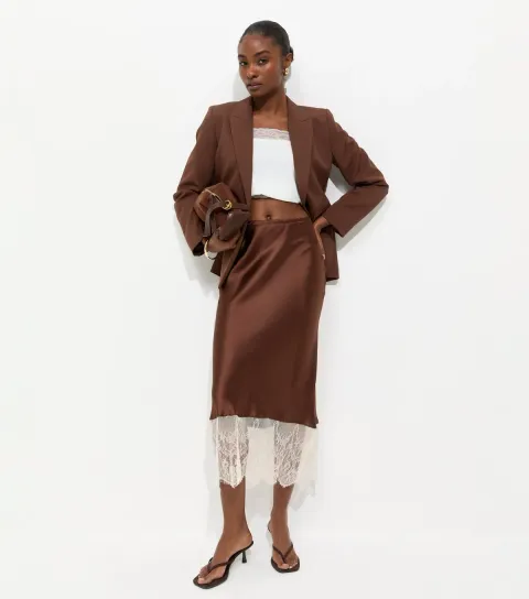 New Look Women's Dark Brown Satin Lace Hem Bias Cut Midi Skirt