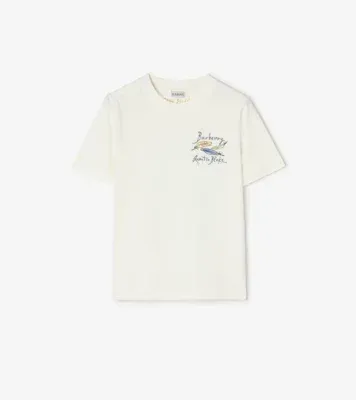 Feather Print Cotton T-shirt in Chalk white
