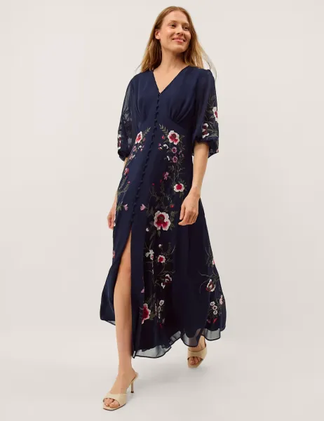 Monsoon Embroidered Floral V-Neck Maxi Dress Navy