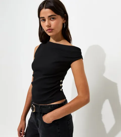 Women's Black Off the Shoulder Side Button Tank Top