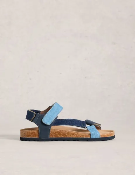 White Stuff Riptape Ankle Strap Flat Footbed Sandals Denim Mix