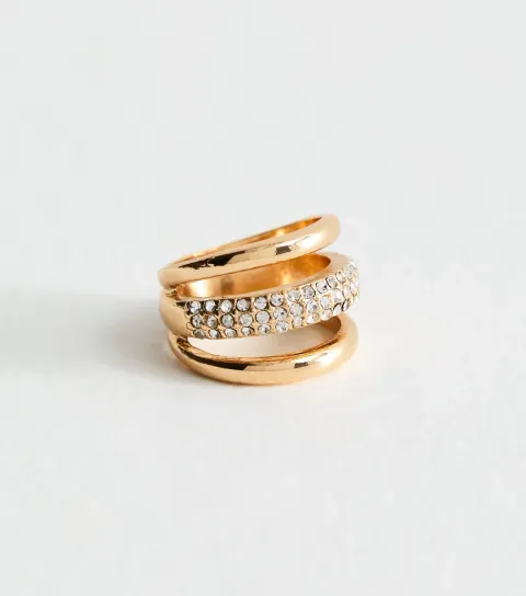 New Look Gold Tone Multi Row Diamante Chunky Ring
