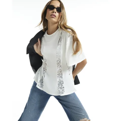 River Island Short Sleeve Lace Insert Peplum Top