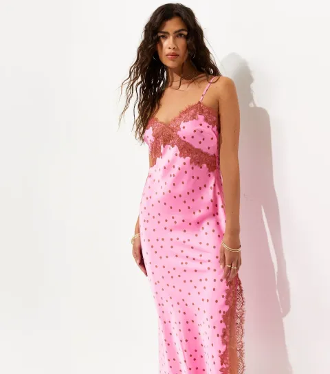 Women's Pink Lace Trim Polka Dot Cami Midi Dress