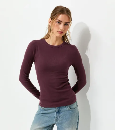 Women's Dark Burgundy Cotton Rich Ribbed Crew Neck Long Sleeve Top