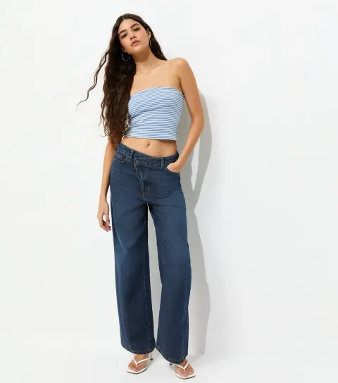 Women's Dark Blue Crossover Fly Wide Leg Jeans