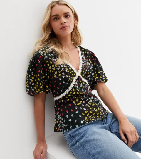 Women's Petite Black Floral Puff Sleeve Lace Trim Blouse