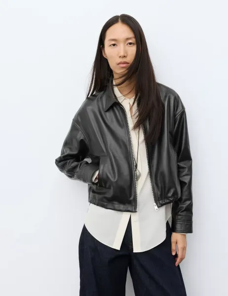 Autograph Leather High Shine Collared Cropped Jacket Black