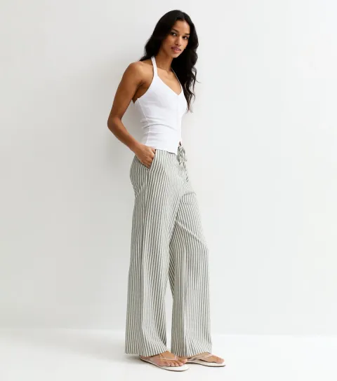 Women's Cream Striped Seersucker Wide Leg Trousers