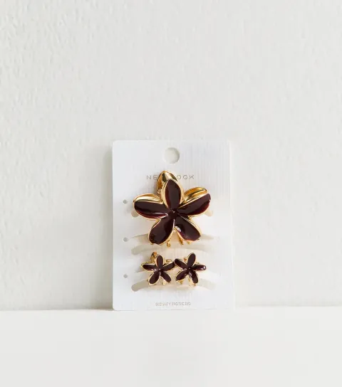 Pack Of 3 Burgundy Enamel Flower Hair Clips