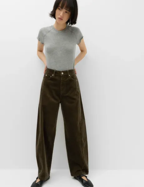 Marks & Spencer Corduroy Barrel Leg Trousers Olive
