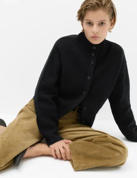 Marks & Spencer Lambswool Blend Funnel Neck Relaxed Knitted Jacket Black