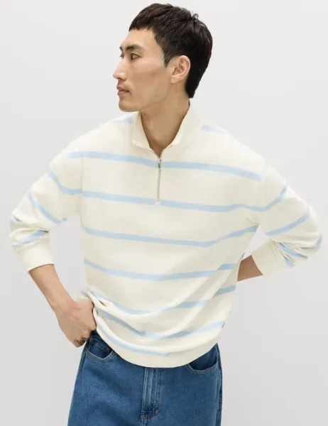 Marks & Spencer Cotton Rich Waffle Striped Half Zip Sweatshirt Ecru