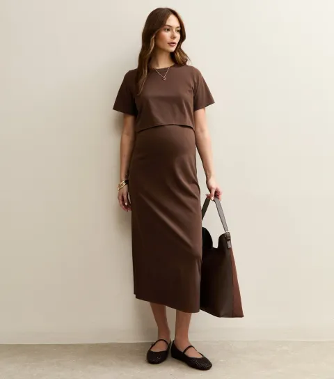 Women's Maternity Dark Brown Layered Crew Neck Nursing Midi Dress