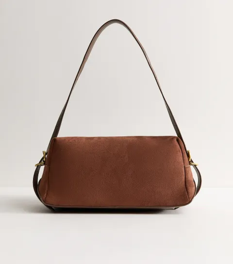 Dark Brown Faux Suede Rectangle Shoulder Bag