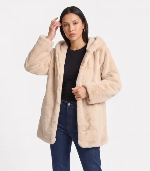 Gini London Women's Cream Hooded Long Sleeve Faux Fur Jacket