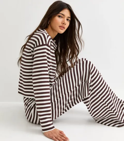 New Look Women's Brown Relaxed Striped Wide Leg Trousers