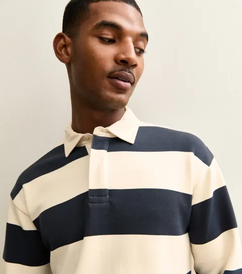 Men's Blue Relaxed Striped Long Sleeve Rugby Top