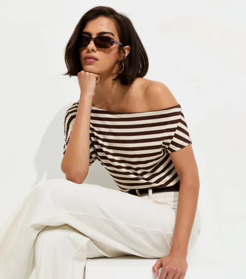 Women's Brown Striped Off The Shoulder T-Shirt