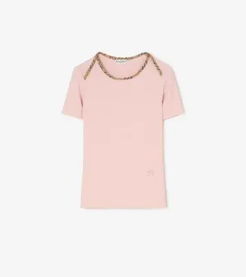 Check Trim Stretch Cotton T-shirt in Bouquet pink