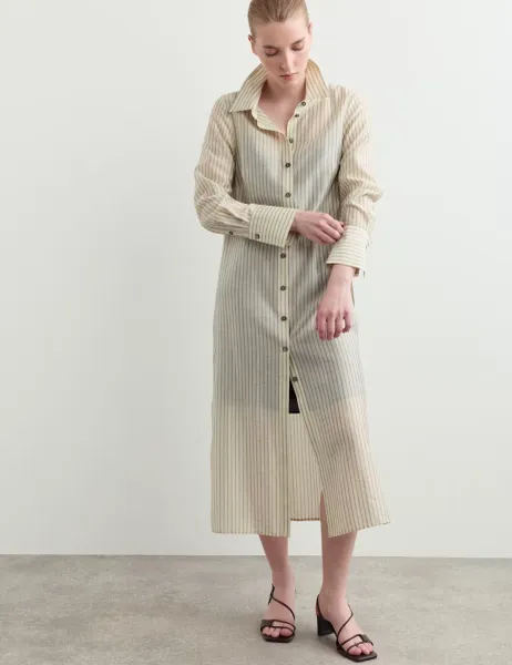 Jaeger Lyocell Rich Striped Midi Shirt Dress Ivory Mix