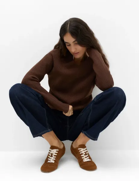 Marks & Spencer Ribbed V-Neck Longline Jumper Conker