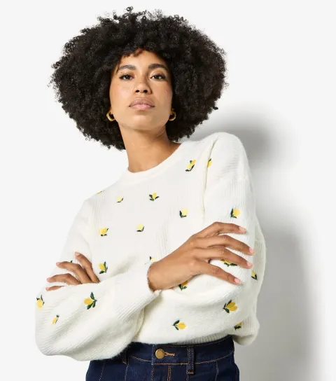 Women's Cream Lemon Embroidered Jumper