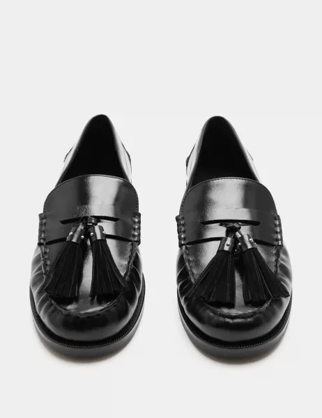 Marks & Spencer Leather Chunky Tassel Block Heel Round Toe Loafer Black
