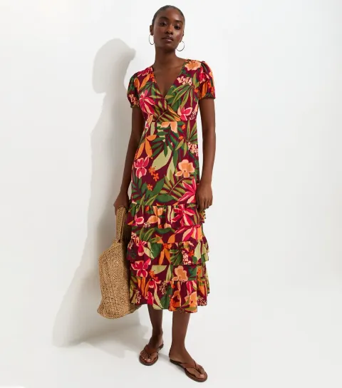 Women's Red Floral Short Sleeve Tiered Midi Dress