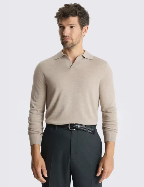 Moss Merino Wool Rich Knitted Polo Shirt Taupe