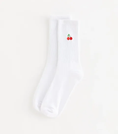White Embroidered Cherry Ankle Socks